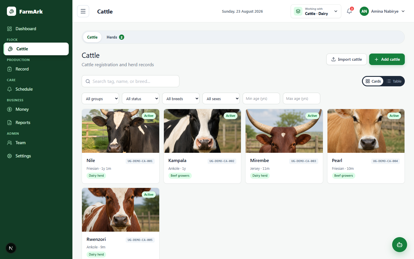 Current FarmArk cattle records with animal photos