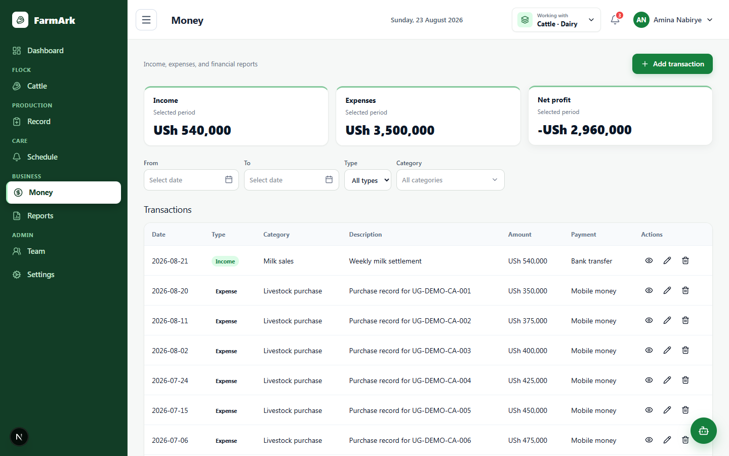 Current FarmArk finance workspace with demo transactions