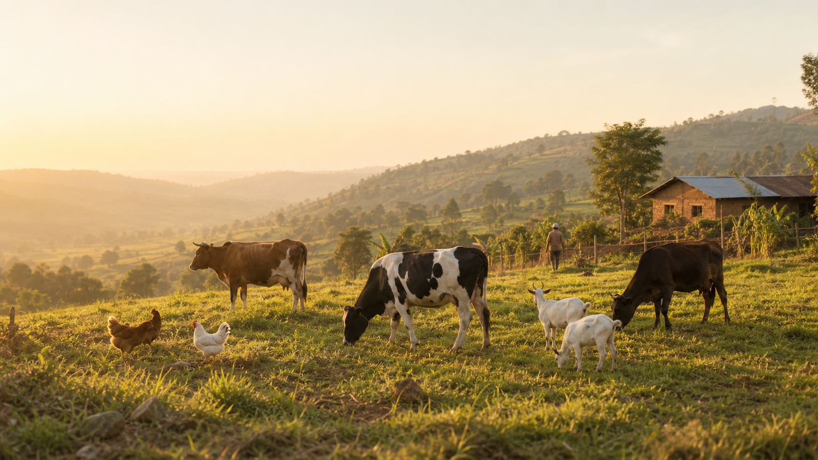 Cattle, goats, and poultry on a livestock farm