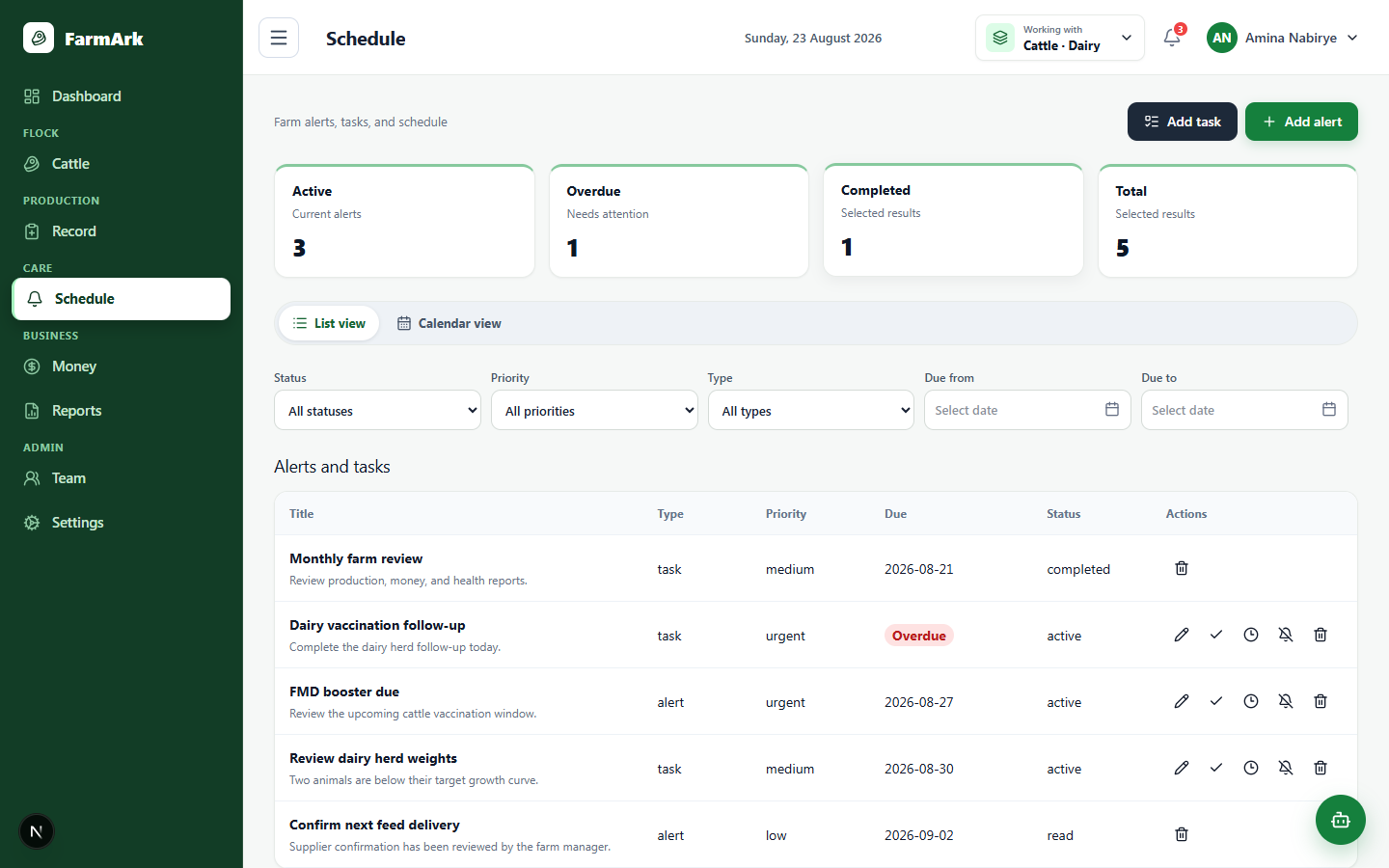 Current FarmArk schedule showing alerts and tasks with demo records